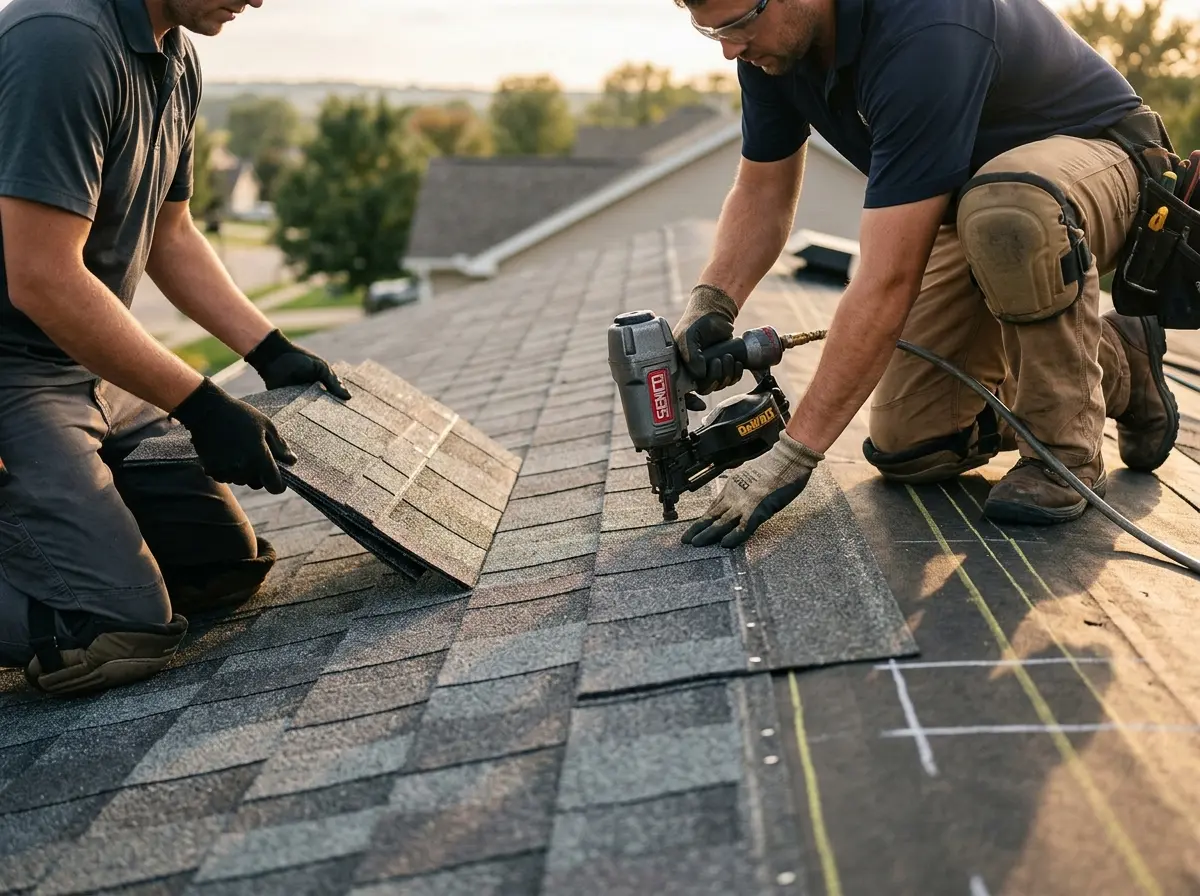 Professional roofer working on a residential roof in Royalton